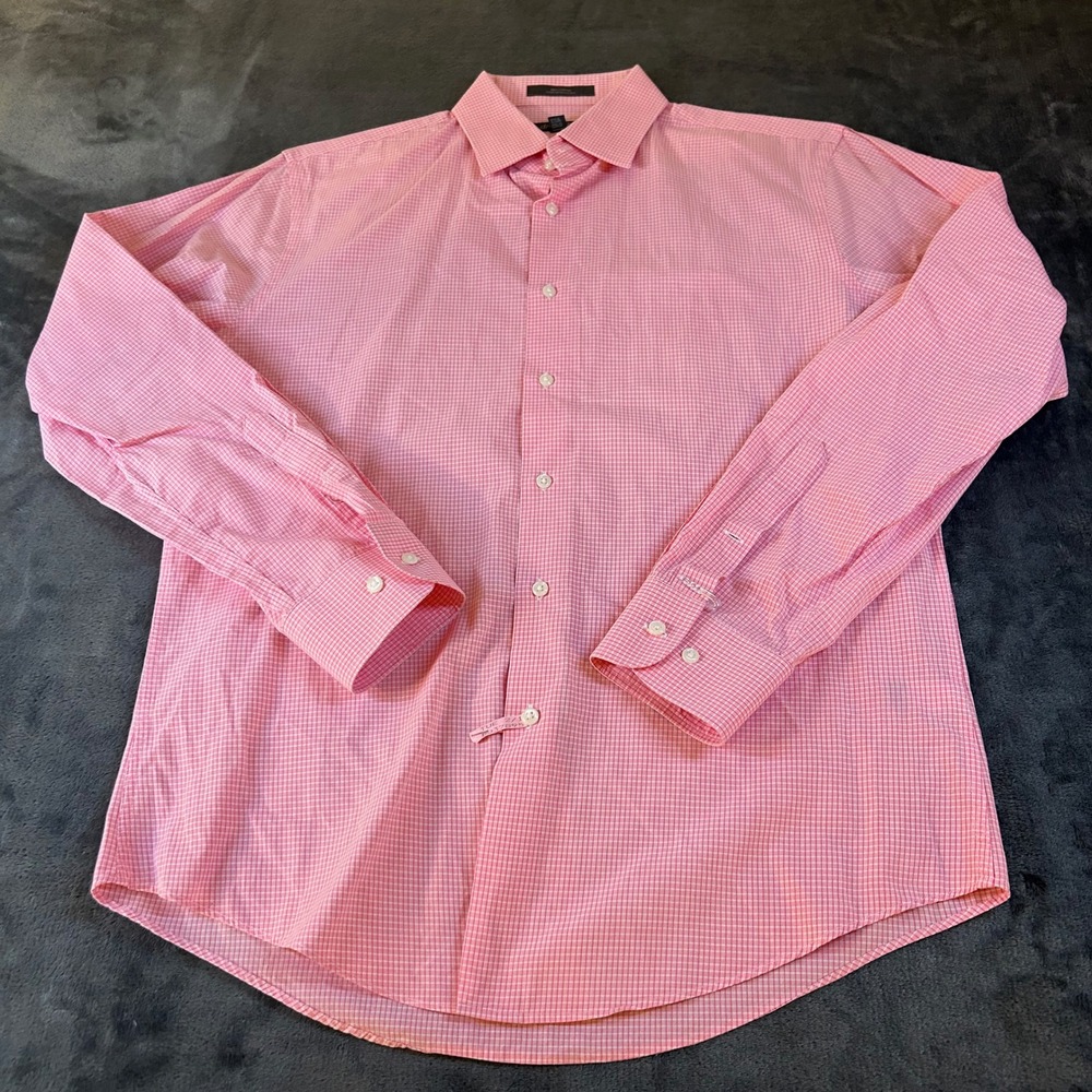 Nordstrom Rack Dress Shirt Pink Gingham Check Trim Fit Long Sleeve Mens 15‎ 1/2